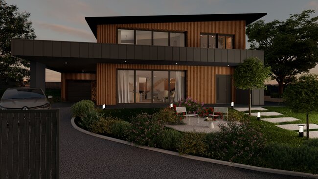 3D render of a wooden modern house at night